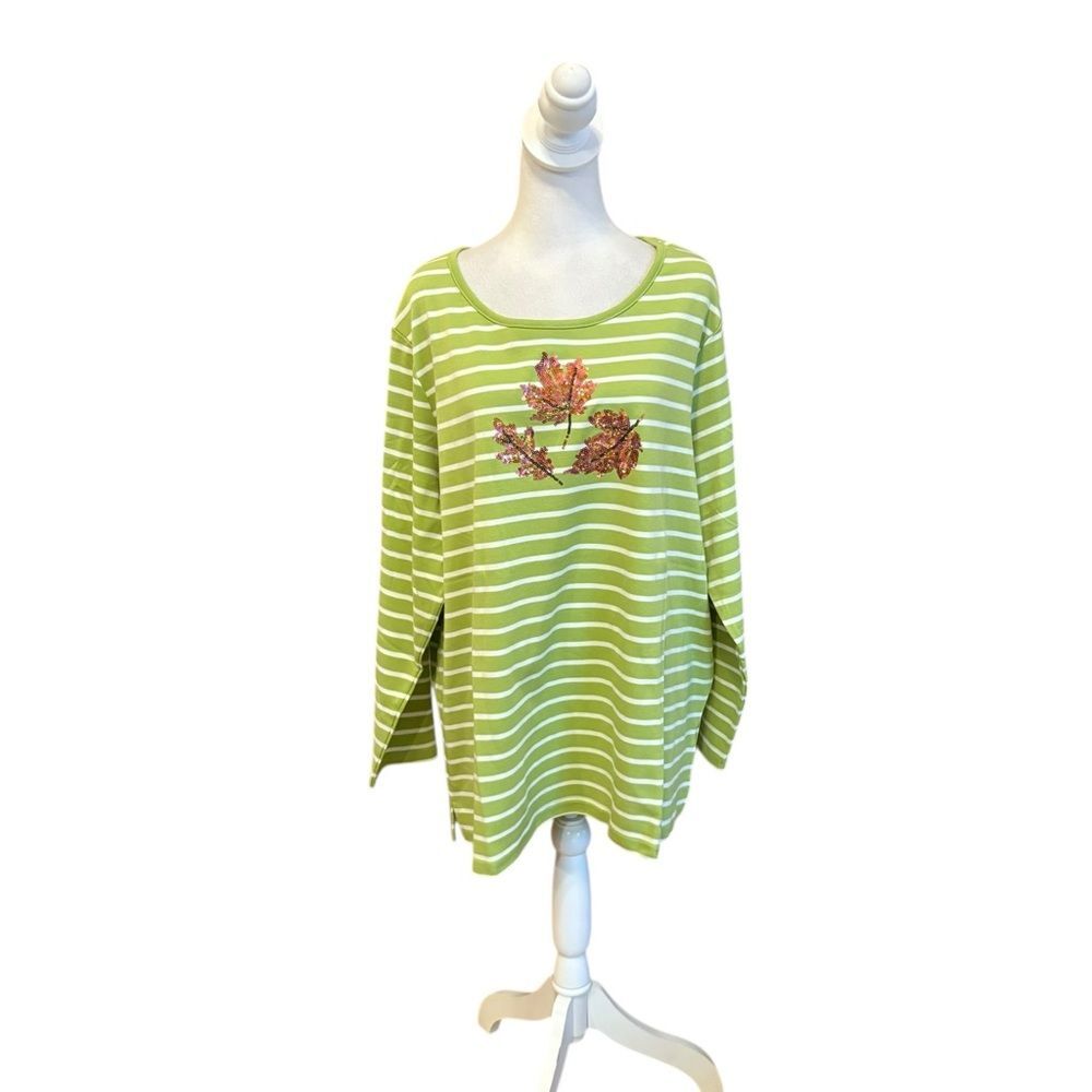 Quacker Factory Long Sleeve Top Green White Striped Sequin Leaves Womens 2X